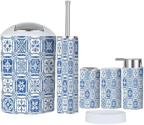 Modern 6 Piece Bathroom Accessory Set with Blue Tiles Design