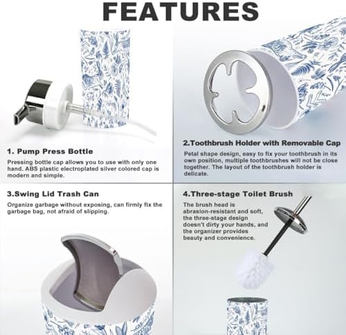 6 Piece Bathroom Accessory Set with Blue Floral Print 1