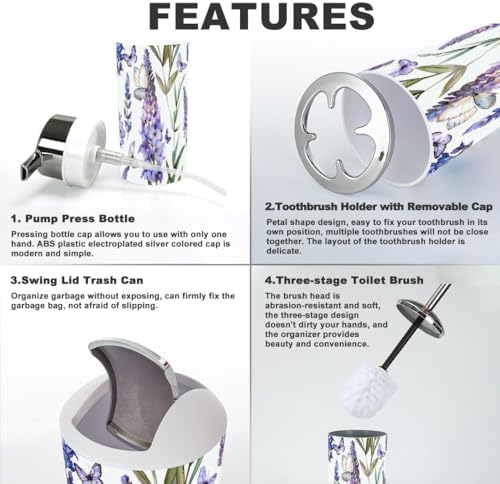 6 Piece Bathroom Accessory Set with Butterfly Lavender Design