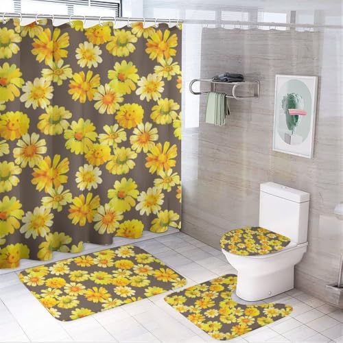 Kuizee 4 Piece Shower Curtain Set with Rugs Chamomile Floral Yellow