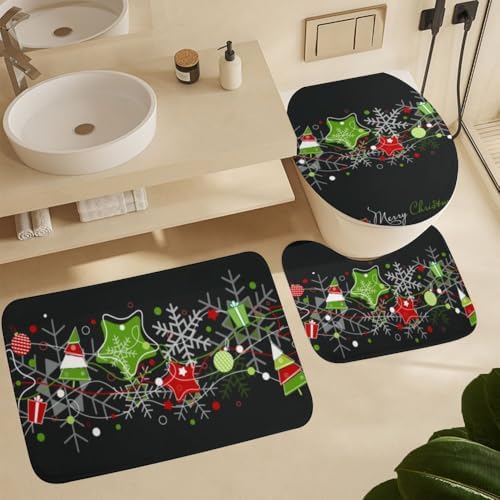 Kuizee 4-Piece Shower Curtain Set with Rugs Christmas Stars Snowflakes