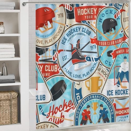 Kuizee 4 Piece Ice Hockey Shower Curtain Set with Non-Slip Rugs