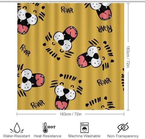 Kuizee Cartoon Tiger Face Shower Curtain Set with 4 Piece Rugs