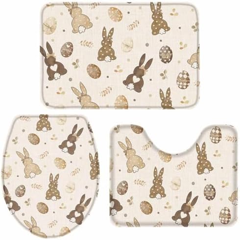Wotrend Easter Bath Rugs Set Love Heart Brown Bunny Egg Linen Texture