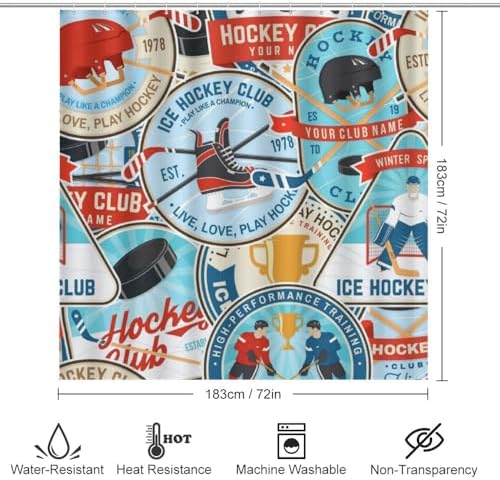 Kuizee 4 Piece Ice Hockey Shower Curtain Set with Non-Slip Rugs