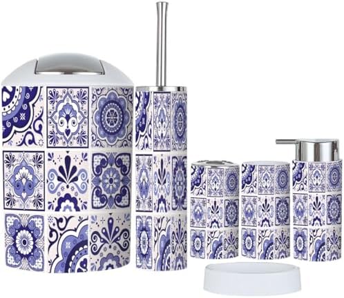 Navy Blue Talavera Tiles Bathroom Accessory Set 6 Piece