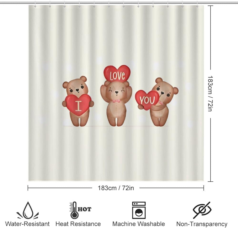 Kuizee 4-Piece Shower Curtain Set with Brown Teddy Bear Rugs