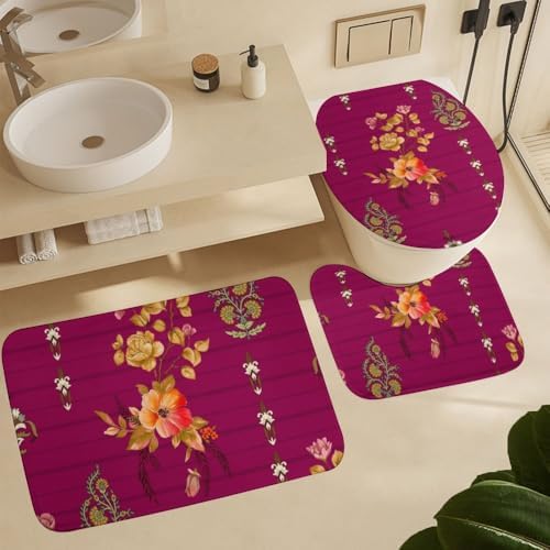 Kuizee 4 Piece Luxury Floral Shower Curtain Set with Non-Slip Rugs