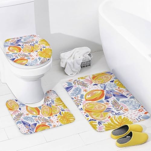 Kuizee 4-Piece Shower Curtain Set with Rugs - Summer Fruits Lemon Pattern