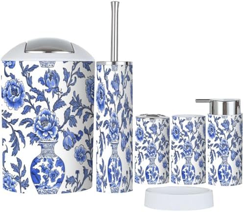 Boho Bathroom Accessory Set 6 Piece Japanese Blue