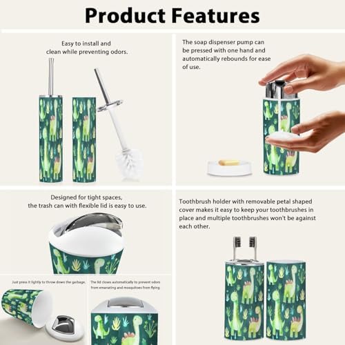 Boho Bathroom Accessory Set with Dinosaurs and Plants