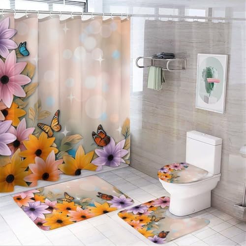 Kuizee 4 Piece Shower Curtain Set with Rugs and 12 Hooks