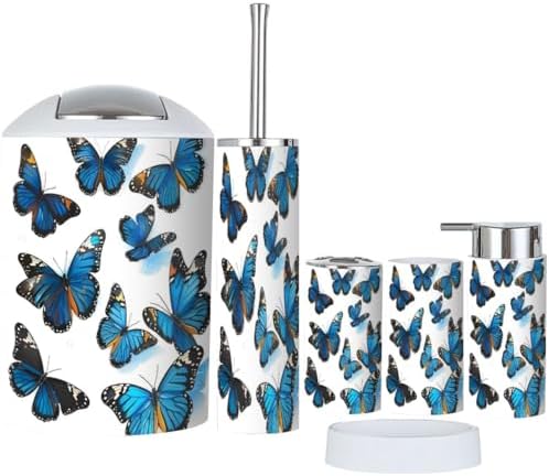 6 Piece Beautiful Blue Butterfly Bathroom Accessories Set