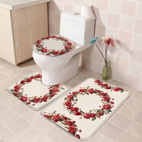 Wotrend Spring 3 Piece Bath Rug Set with Red Rose Wreath Design
