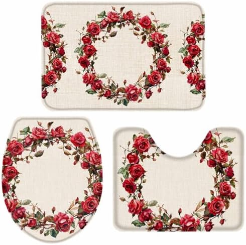 Wotrend Spring 3 Piece Bath Rug Set with Red Rose Wreath Design