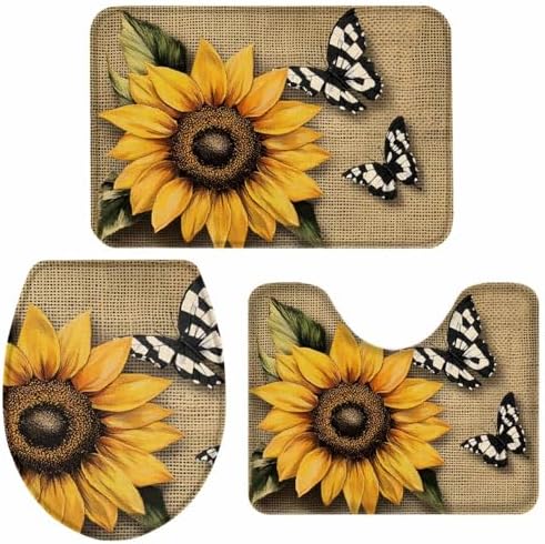 Wotrend Floral Bath Rug Set with Retro Yellow Sunflowers and Butterfly Pattern