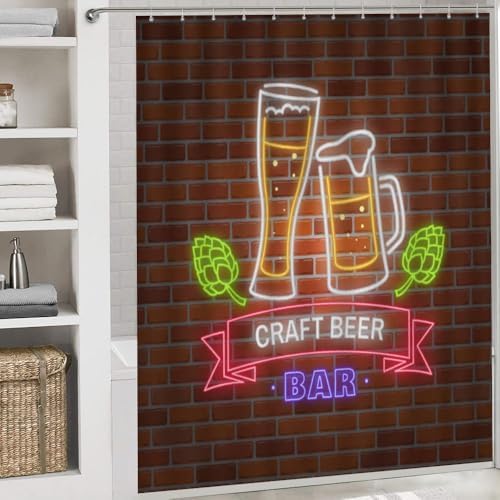 Kuizee Retro Neon Shower Curtain Set with 4 Piece Rugs