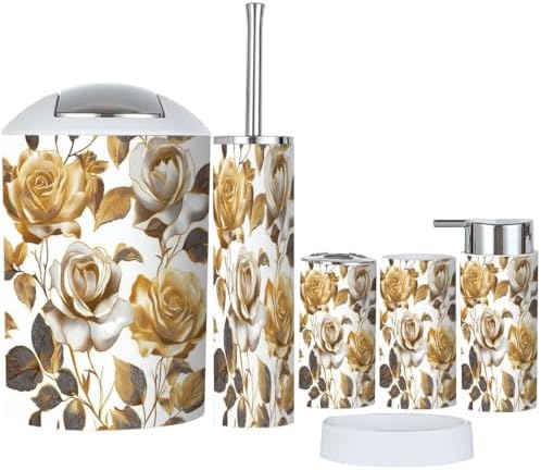 Boho Bathroom Accessories Set 6 Piece Gold Rose Design