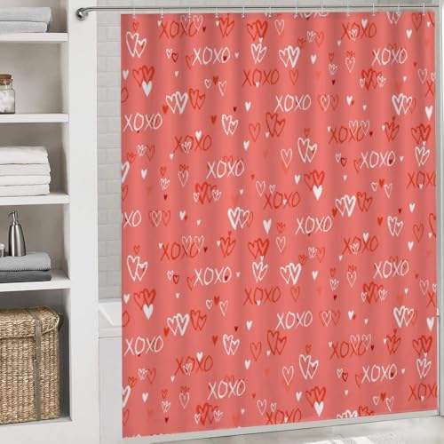 Kuizee 4-Piece Shower Curtain Set with Rugs Hearts Design