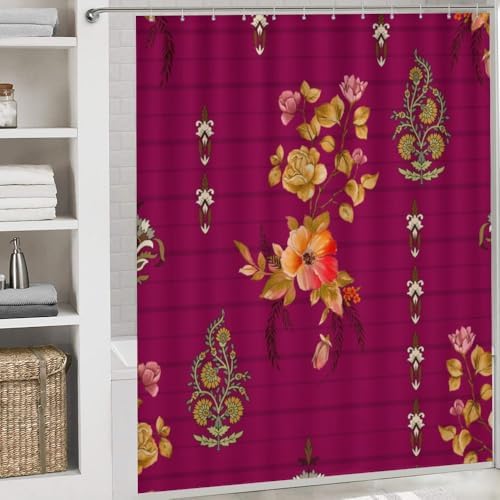 Kuizee 4 Piece Luxury Floral Shower Curtain Set with Non-Slip Rugs