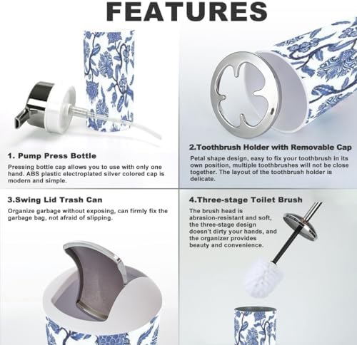 6 Piece Japanese Blue Chinoiserie Bathroom Accessory Set