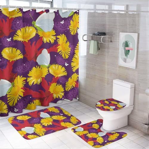 Kuizee 4-Piece Shower Curtain Set with Non-Slip Rugs