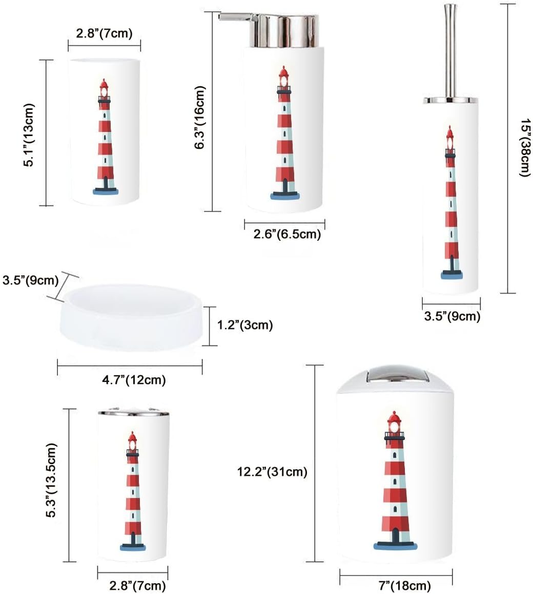 6 Piece Bathroom Accessory Set Red White Lighthouse