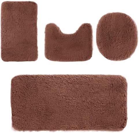 4 Piece Bathroom Rug Set with Non-Slip Mats and Toilet Cover