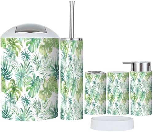 Boho Tropical Leaves Bathroom Accessory Set 6 Piece 1
