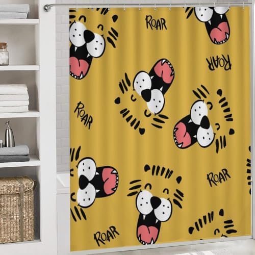 Kuizee Cartoon Tiger Face Shower Curtain Set with 4 Piece Rugs