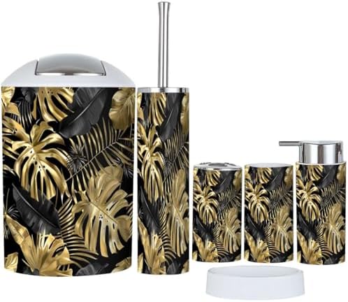 Bathroom Accessory Set 6 Piece Boho Gold Black Tropical Leaves Botanical
