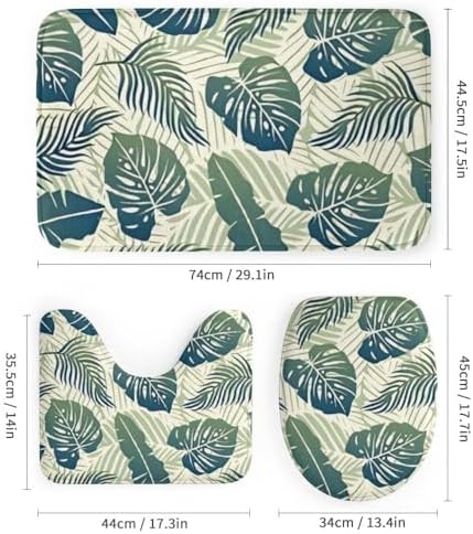 Kuizee 4-Piece Tropical Green Leaf Shower Curtain Set with Non-Slip Rugs