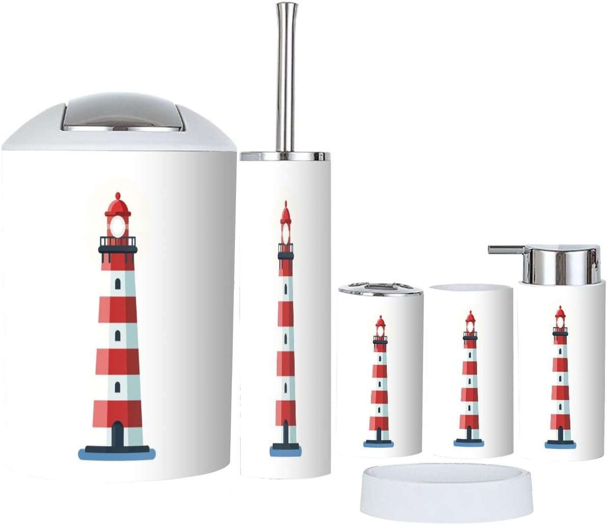 6 Piece Bathroom Accessory Set Red White Lighthouse