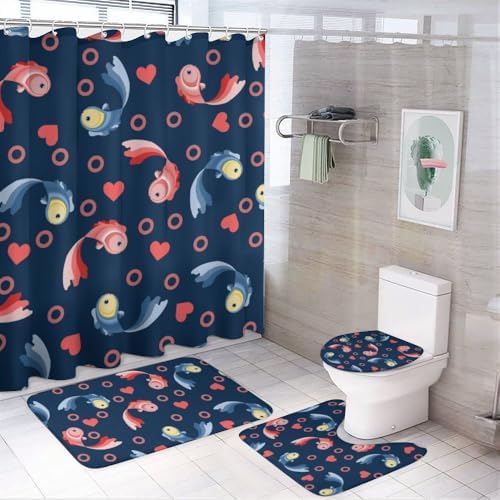Kuizee 4 Piece Valentines Day Shower Curtain Set with Non-Slip Rugs