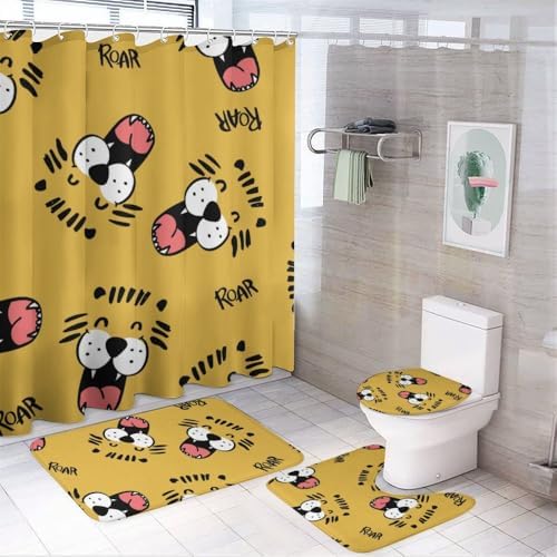 Kuizee Cartoon Tiger Face Shower Curtain Set with 4 Piece Rugs