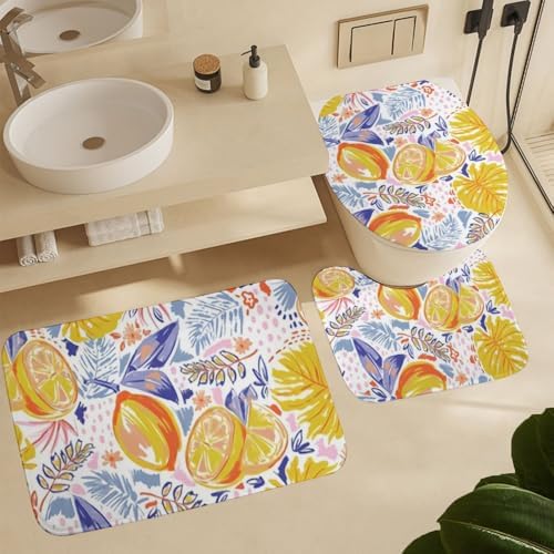 Kuizee 4-Piece Shower Curtain Set with Rugs - Summer Fruits Lemon Pattern