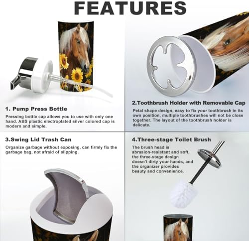 6 Piece Bathroom Accessory Set - Modern Horse Sunflower Design