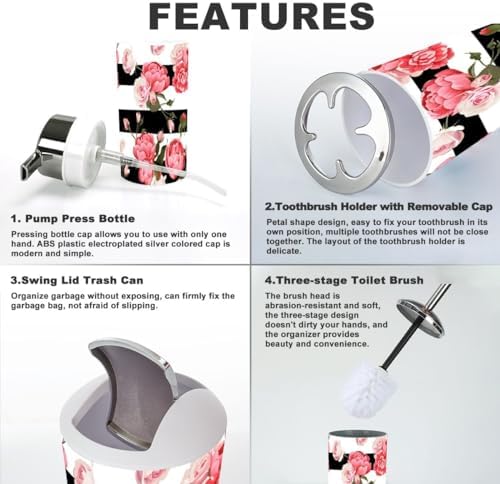 6 Piece Bathroom Accessory Set with Peony and Roses Design
