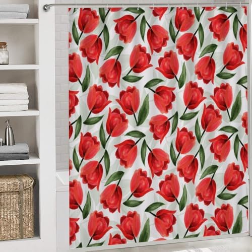 Kuizee 4-Piece Shower Curtain Set with Rugs Red Tulips Botanical Garden