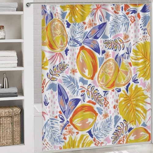 Kuizee 4-Piece Shower Curtain Set with Rugs - Summer Fruits Lemon Pattern