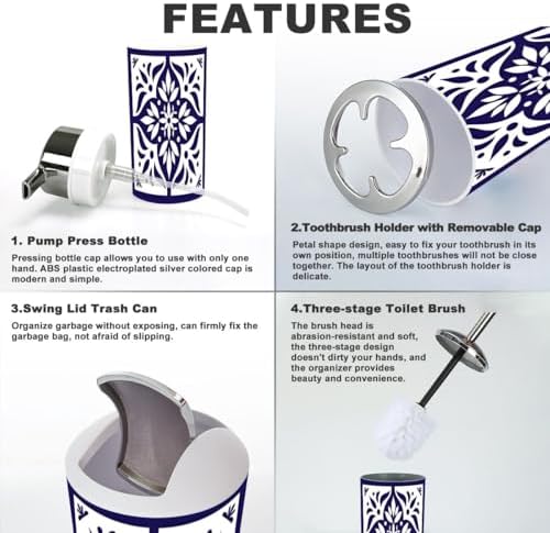6 Piece Bathroom Accessory Set Blue White Tile Delft Style