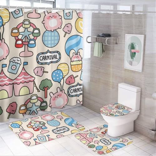 Kuizee Cute Fat Rabbit Shower Curtain Set with 4 Rugs