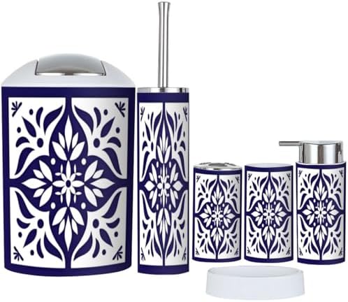 6 Piece Bathroom Accessory Set Blue White Tile Delft Style