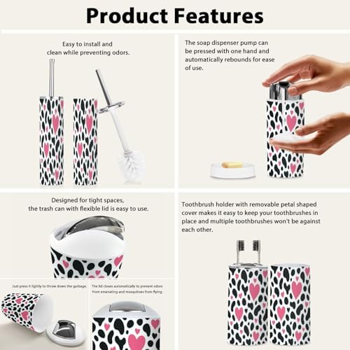 Boho Dalmatian Spot Pink Heart Bathroom Accessories Set 6 Piece