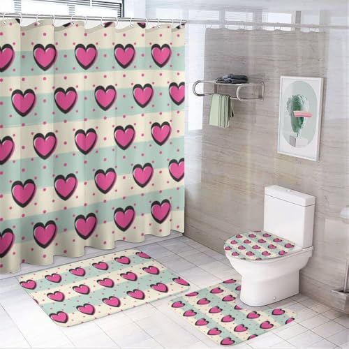 Kuizee Romantic Hearts Shower Curtain Set with 4 Pieces Rugs