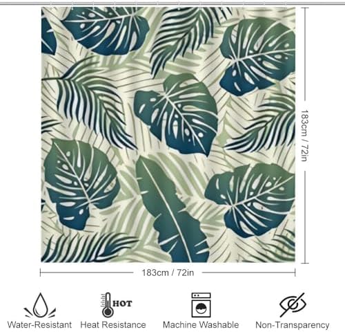 Kuizee 4-Piece Tropical Green Leaf Shower Curtain Set with Non-Slip Rugs