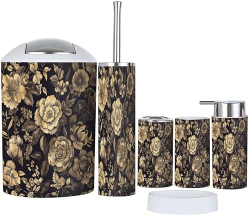 Boho Bathroom Accessory Set 6 Piece Black Gold Print 1