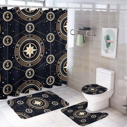Kuizee 4-Piece Space Stars Shower Curtain Set with Non-Slip Rugs