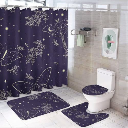 Kuizee 4 Piece Starry Sky Shower Curtain Set with Non-Slip Bath Mats