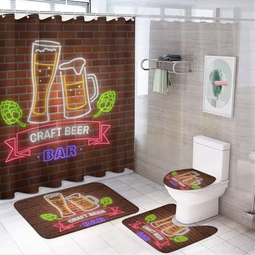 Kuizee Retro Neon Shower Curtain Set with 4 Piece Rugs